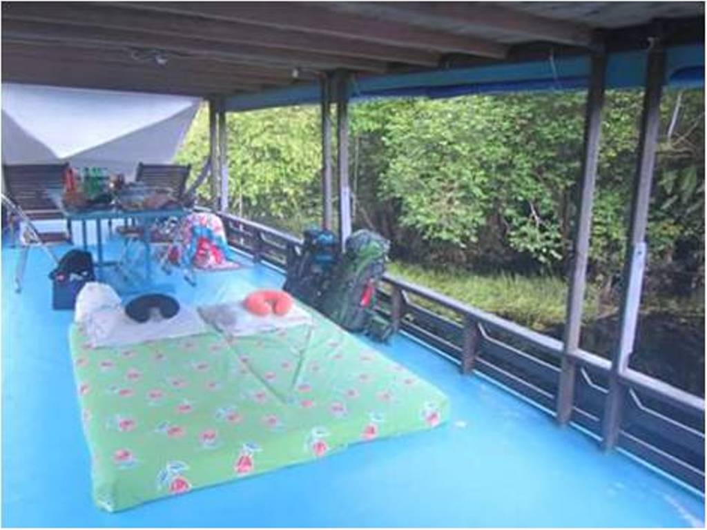 Under a mosquito net, listening to rainforest sounds.