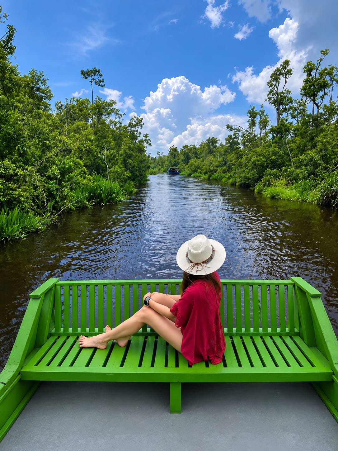 Enjoying peaceful Sekonyer River views from the upper bow with perfect forest reflections.